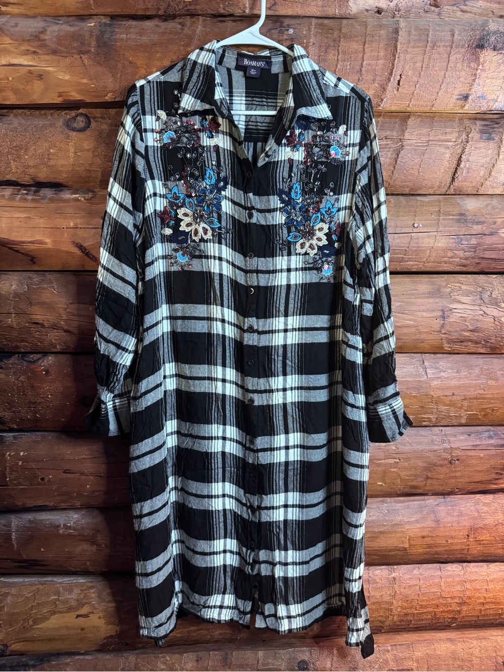 Roaman's Black & White Plaid Embroidered Long Sleeve Shirt Dress